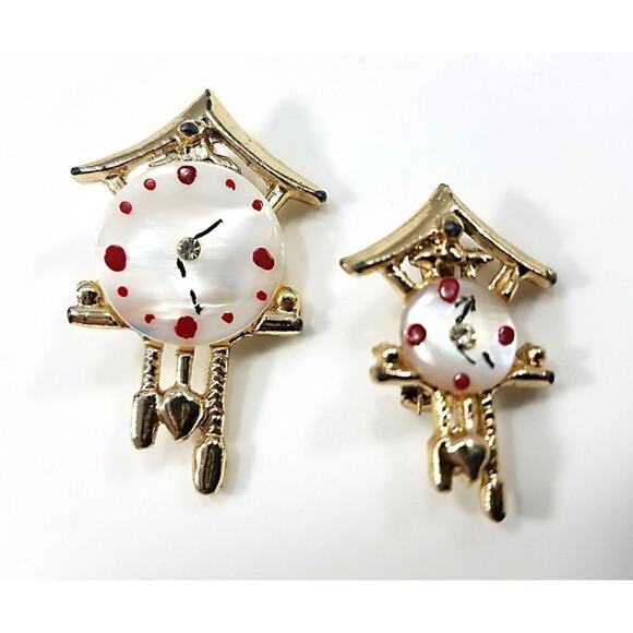 Vintage Cuckoo Clock Pins, Mother of Pearl Faces, 1950s Set of Two - Picture 9 of 10